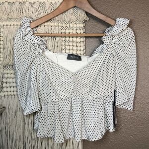4Si3NNA Black & White Smocked Peplum polka dot top